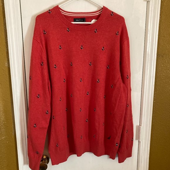 Nautica men's size XL all over print AOP anchor logo cotton crew sweater